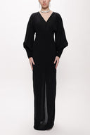 Black V-neck long dress with corset detail 94163