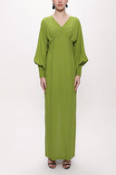 Green V-neck long dress with corset detail 94163