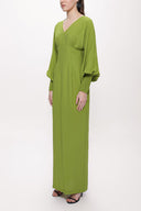 Green V-neck long dress with corset detail 94163