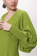 Green V-neck long dress with corset detail 94163