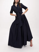 Navy Blue Pleated maxi taffeta shirt dress 94198