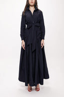 Navy Blue Pleated maxi taffeta shirt dress 94198