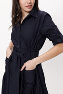Navy Blue Pleated maxi taffeta shirt dress 94198