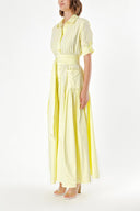 Light Yellow Pleated maxi taffeta shirt dress 94198