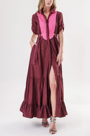 Burgundy Pleated shirt dress with quilted stitching detail 94203