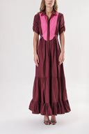 Burgundy Pleated shirt dress with quilted stitching detail 94203