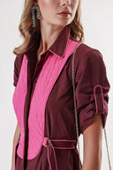 Burgundy Pleated shirt dress with quilted stitching detail 94203