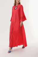 Red Crystal stone embroidered long dress with pleated sleeves 94209