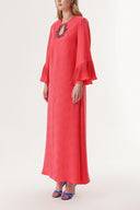 Red Crystal stone embroidered long dress with pleated sleeves 94209