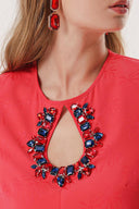 Red Crystal stone embroidered long dress with pleated sleeves 94209