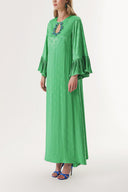 Green Crystal stone embroidered long dress with pleated sleeves 94209
