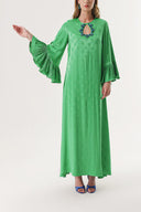 Green Crystal stone embroidered long dress with pleated sleeves 94209