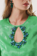 Green Crystal stone embroidered long dress with pleated sleeves 94209