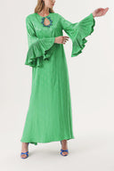 Green Crystal stone embroidered long dress with pleated sleeves 94209
