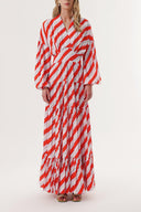 Striped Long dress with elasticated gathers at the waist 94213