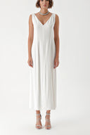 White Sleeveless V-neck slit dress 94217