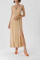 Beige Sleeveless V-neck slit dress 94217