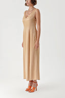 Beige Sleeveless V-neck slit dress 94217