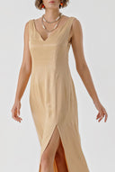 Beige Sleeveless V-neck slit dress 94217
