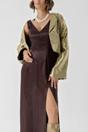 Brown Sleeveless V-neck slit dress 94217