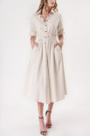 Beige Shirt dress with elastic waist and snap fastener detail 94218