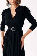 Black Wrap long dress with rose accessory detail 94219