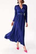 Navy Blue Wrap long dress with rose accessory detail 94219