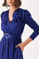 Navy Blue Wrap long dress with rose accessory detail 94219