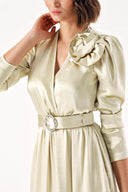 Beige Wrap long dress with rose accessory detail 94219