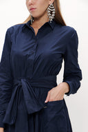 Navy Blue Pleated taffeta long shirt dress 94250