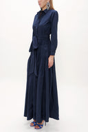 Navy Blue Pleated taffeta long shirt dress 94250