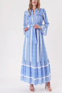 Blue Long dress with elasticated gathers at the waist 94251