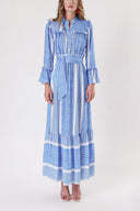 Blue Long dress with elasticated gathers at the waist 94251