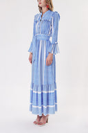 Blue Long dress with elasticated gathers at the waist 94251