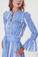 Blue Long dress with elasticated gathers at the waist 94251