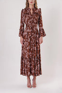Brown Long dress with elasticated gathers at the waist 94251