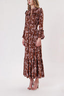 Brown Long dress with elasticated gathers at the waist 94251