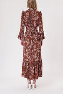 Brown Long dress with elasticated gathers at the waist 94251