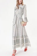 Khaki Long dress with elasticated gathers at the waist 94251