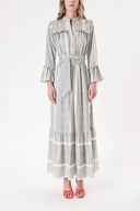 Khaki Long dress with elasticated gathers at the waist 94251