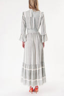 Khaki Long dress with elasticated gathers at the waist 94251