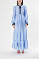 Blue Long dress with shirred and button detail 94252