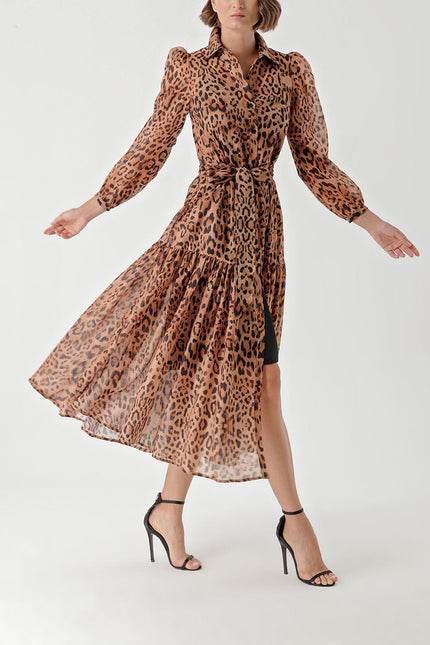 Leopar Büzgülü uzun elbise 94255