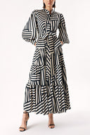 Black Beige Striped Balloon sleeve ruffled shirt dress 94266