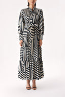 Black Beige Striped Balloon sleeve ruffled shirt dress 94266