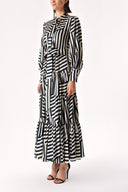 Black Beige Striped Balloon sleeve ruffled shirt dress 94266