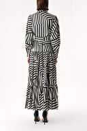 Black Beige Striped Balloon sleeve ruffled shirt dress 94266