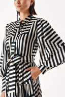 Black Beige Striped Balloon sleeve ruffled shirt dress 94266