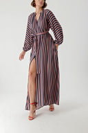 Navy Blue Background Striped Shirt dress with elastic sleeves 94296