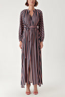 Navy Blue Background Striped Shirt dress with elastic sleeves 94296